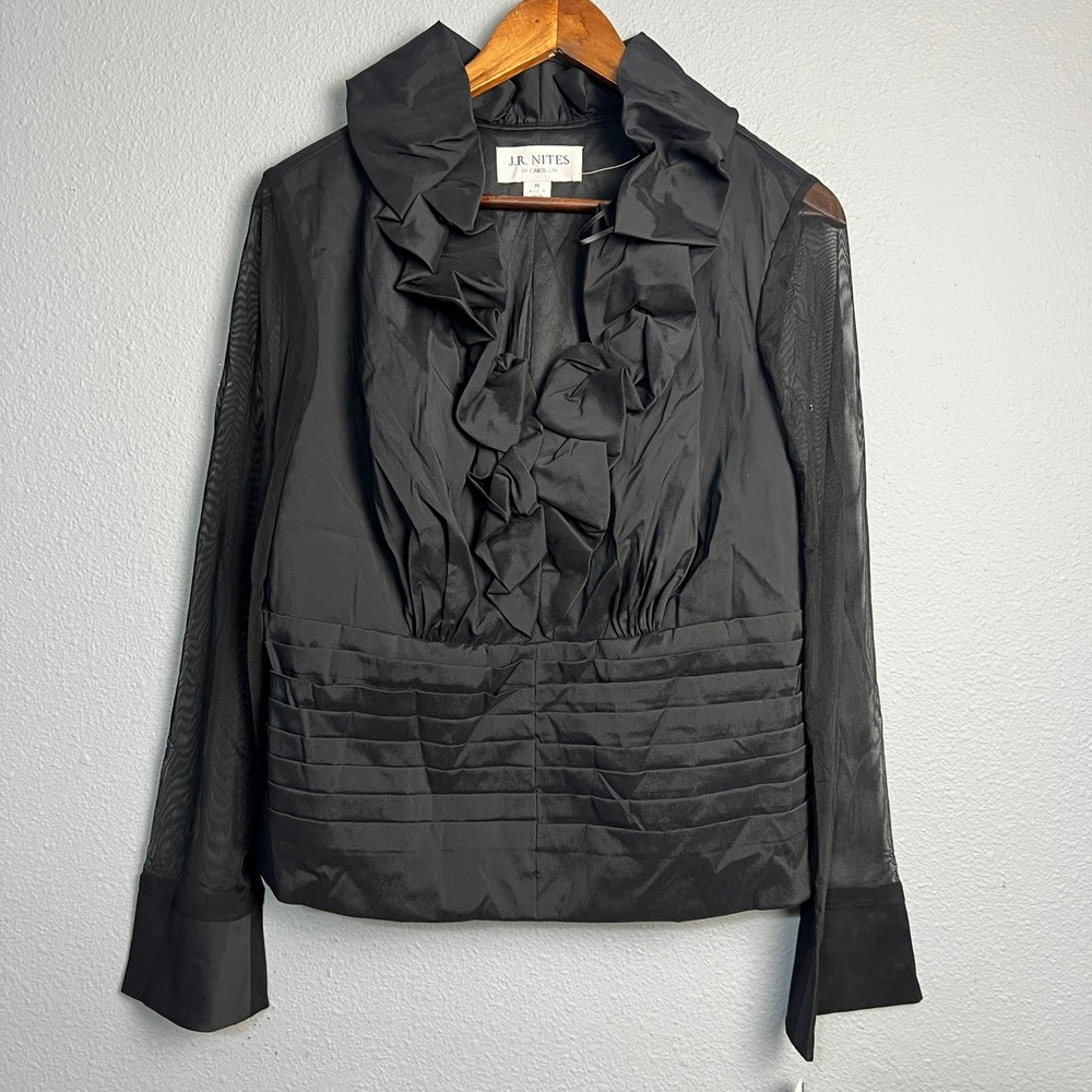 Vtg J.R. Nites Ruffle Blouse Sheer Sleeve Whimsigoth Party Cocktail Black Sz‎ 16